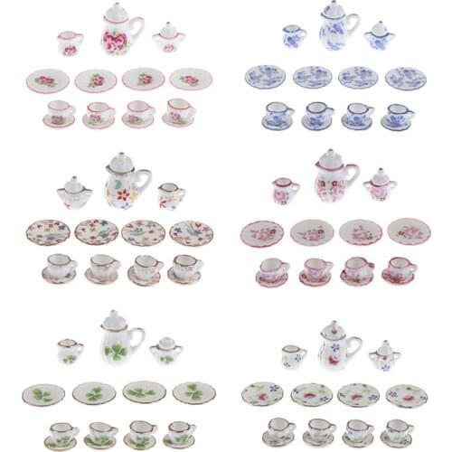 15pcs 1:12 Porcelain Tea Cup Set Flower Tableware Kitchen Dollhouse 1/12 Scale Miniature (8 Patterns for your choice)