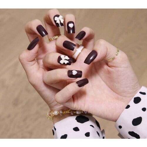 Fake Nails Medium and Long Dark Brown Nail Stickers Finished Nail Stickers 24 Nail Stickers With Glue SANA889