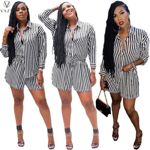 VAZN 2021 New Women Street Casual Style Sets Long Sleeve Laple Shirt Elastic Short Pants Striped Two Piece Sets