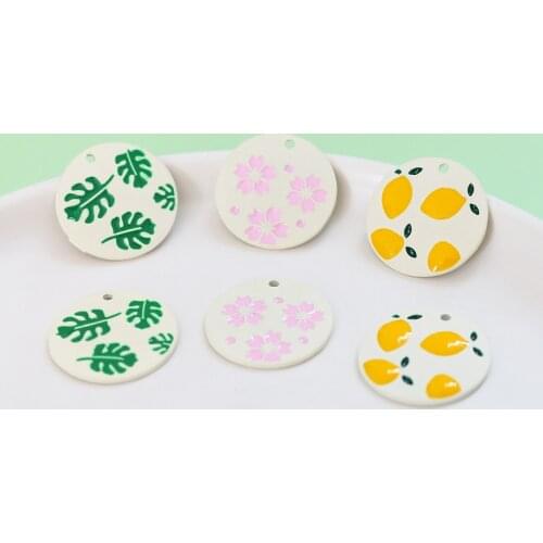 MuhNa 10Pcs Alloy Spray Paint Round Charms Green Leaf Flower Lemon Figure Simple Pendant DIY Jewelry Earrings Accessory Material