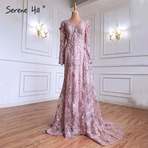 Serene Hill Muslim Pink Mermaid Lace Beaded Luxury Evening Dresses With Overskirt Gowns 2021 Crystal For Women Party LA71164