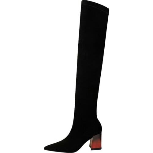 UMMEWALO Over The Knee High Heels Flock Boots Women Fashion Sexy High Heel Winter Boots Ladies Shoes