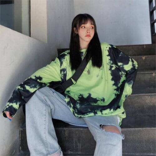 Korean Tie Dye Gradual Change Long Sleeve T-shirt Loose Womens Kpop Harajuku Vintage Aesthetic Goth Gothic Top Hip Hop Clothes