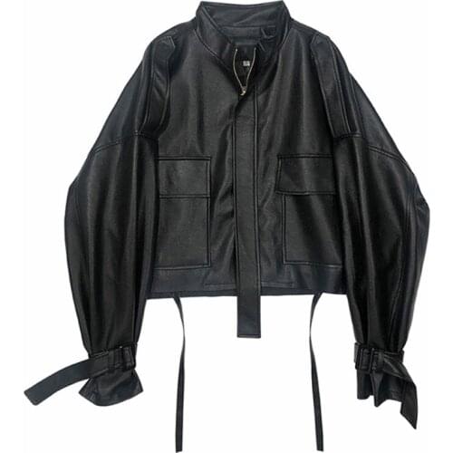 2021 Spring New Autumn Women Faux Soft Pu Motorcycle Leather Jacket Casual Loose Black Faux Leather Punk Zipper Overcoat Loose