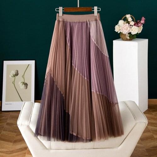 Neophil 2021 Summer Women Mesh Tulle Midi Skirts Patchwork A-Line Pleated Ladies Voile Gauze Folds Swing Skirt Saia Longa S21304