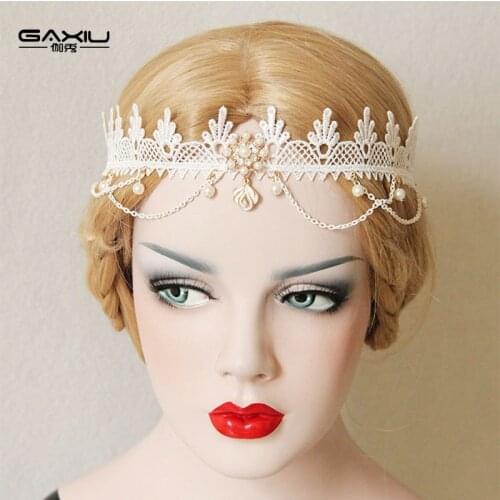 Women Headband Girl White Lace Elastic Headdress Bridal Wedding Jewelry Pearl Tassel Elegant Lady Headwear Headpiece Hair bands