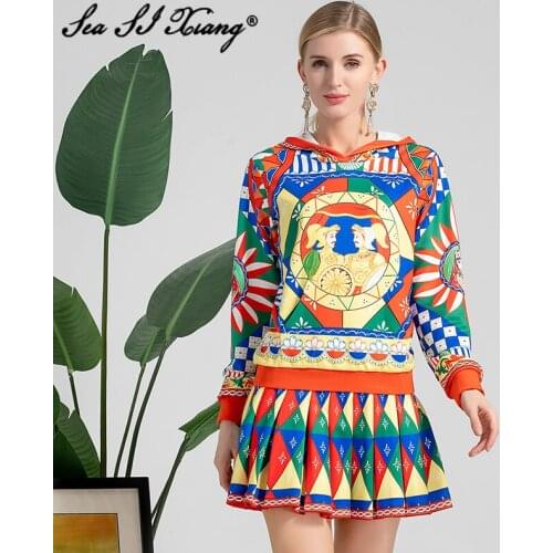 Seasixiang Fashion Designer Autumn Suit Women Hooded Long Sleeve Casual Coat + Pleated Skirt Vintage Print Two Piece Set