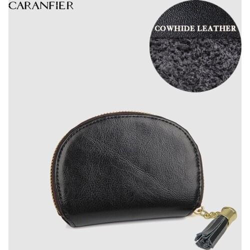 CARANFIER Women Coin Purse Genuine Cowhide Leather Girl Wallets RFID Cards Clutch Fashion Solid Color Tassel Zipper Shell Bag