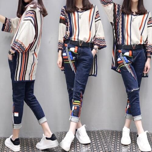 S-6XL Womens Spring Large Size Two-piece 2020 New Fashion Loose High Waist Printing Set Female High-end Shirt + Jeans Two-piece