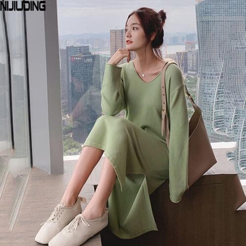 NIJIUDING 2020 Autumn Winter V-Neck Sweater Long Sleeve Dress Womens Vintage Solid Split Knitted Loose Mid Calf Dresses Female