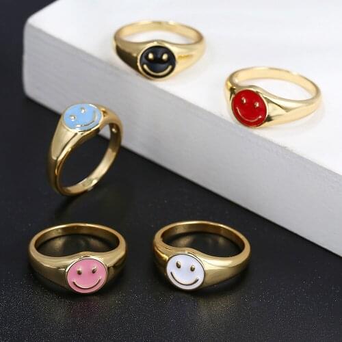 Gold Rings for Women Girl Cute Simple Fashion Enamel Statement Smiley Face Ring Trend Jewellery Aesthetic Gifts Accessories