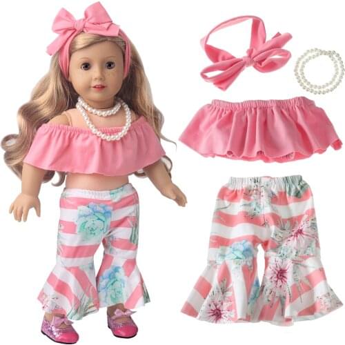18 Inch American Doll Girls Clothes Pink Print Flared Trouser Set+Pearls Newborn Baby Toys Accessories Fit 43 Cm Boy Dolls c716