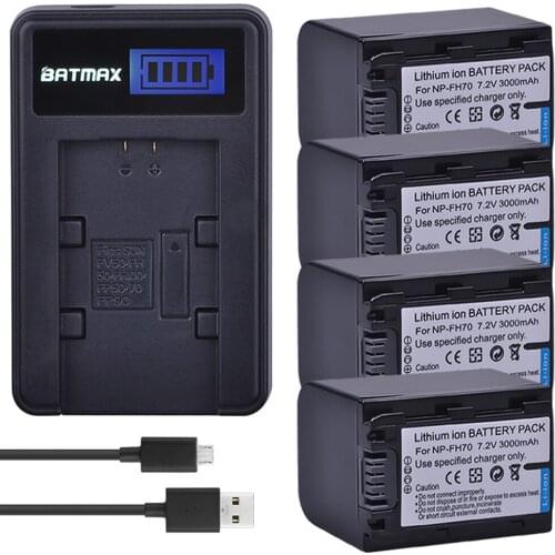 4Pcs 3000mAh NP-FH70 NP FH70 Battery +LCD USB Charger for Sony DCR-DVD405 407E 408 410E 450 602E 650E DCR-SR85 HDR-HC9 UX20 SR12