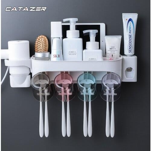 Automatic Toothpaste Dispenser Squeezer Toothbrush Holder Makeup Storage Rack Hair Dryer Shelf Bathroom Cosmetic Organizer