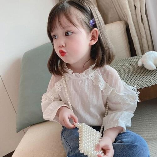 New Fashion Blouse For Girls Solid White Shirts For Girl Kids Lace Stitching Shirt Tops School Clothes For Baby Girl Children