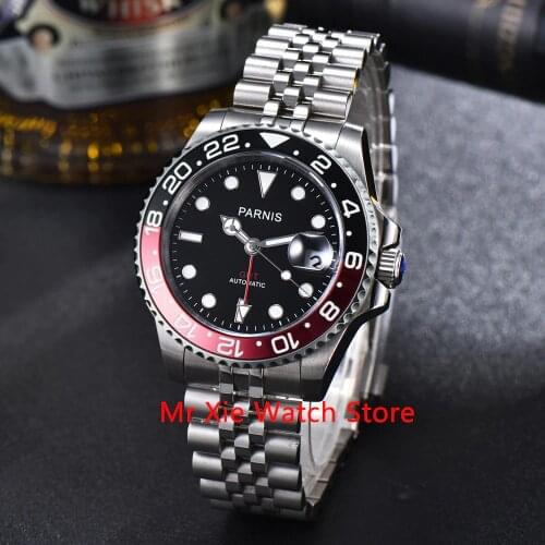 Parnis 40mm Automatic Mechanical GMT Mens Watch Luxury Brand Luminous Waterproof Sapphire Calendar Clock Wristwatch Men