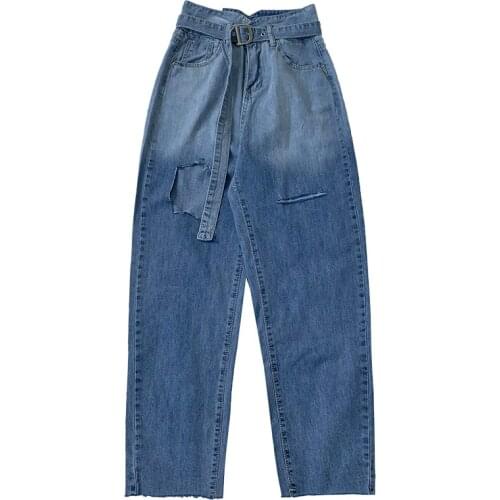 Gradient color hole old design summer high waist loose all-match denim trousers + belt