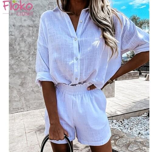 Flokocloset Casual Loose Cotton Linen Shirt and Shorts Summer Matching Sets Two Piece Suit for Women