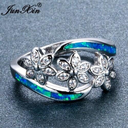 JUNXIN New Fashion Silver Color Blue Fire Opal Ring White AAA Zircon Three Flower Rings For Women Best Gift RS0203