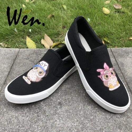 Wen Design Original Cartoon Animal Owl Babies Black Canvas Flat Shoes for Women Girl Slip On White Sneakers Men Lovers Pumps