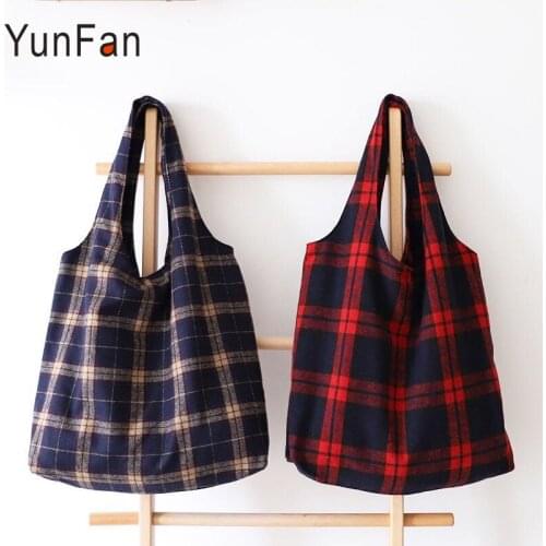 Plaid Woolen Ladies Shoulder Bag Korean Version of the Literary Retro Wild Canvas Bag Casual Simple Womens Handbag
