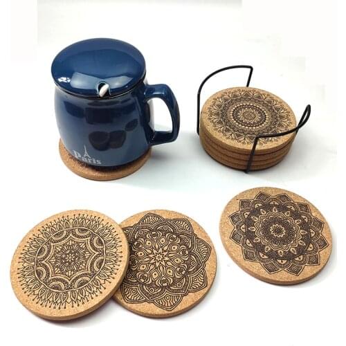 1 Set Creative Nordic Mandala Design Round Shape Cork Coasters Premium Wooden Coffee Cup Coasters with Storage Stand Home Decor