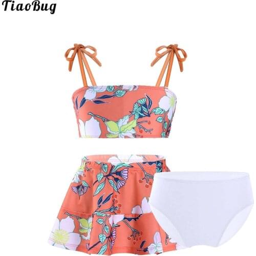 TiaoBug Summer 3Pcs Kids Girls Beach Bathing Pool Swimwear Floral Print Swimsuit Straps Tube Tops With Skirt And Briefs Bikini