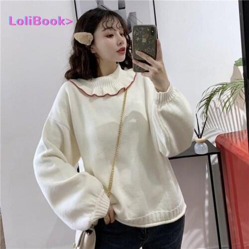 Lolibook Sweet All-match Raglan Sleeve Pure Loose Preppy Kawaii Students Clothing Sweaters Women Knitted Pullover Autumn Jumper