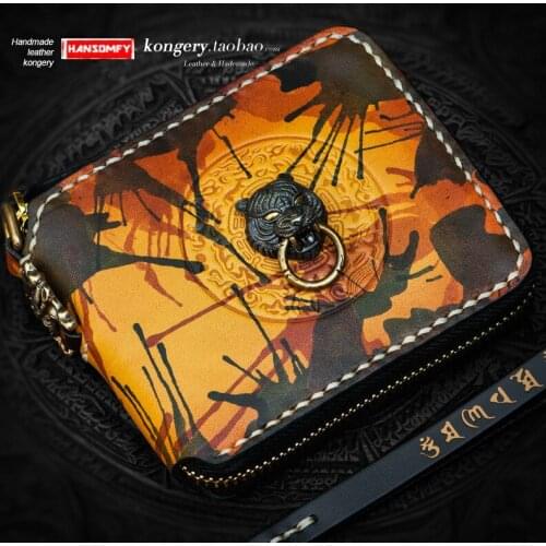 Retro Genuine Leather Mens Wallet Tiger Head Men Card Holder Coin Purses Painted Small Wallets Short Zipper First Layer Cowhide