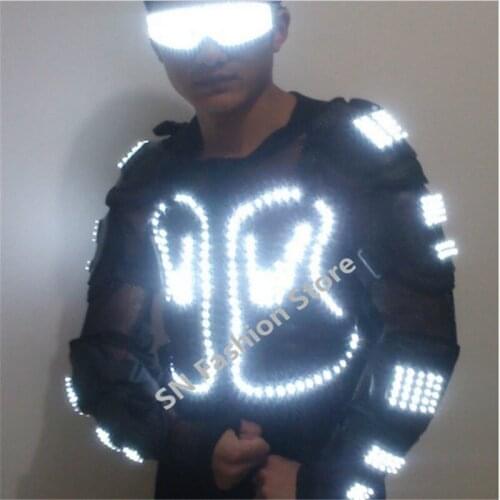 HH61 White color Men ballroom dancing luminous LED light armor costume suit DJ disco bar party event supply laser festival show