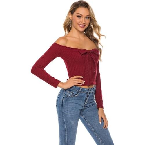 2020 New Summer Women Sexy T Shirt Slash Neck Off Shoulder Backless Long Sleeve Bow Decor Girl Club Party Streetwear Tops