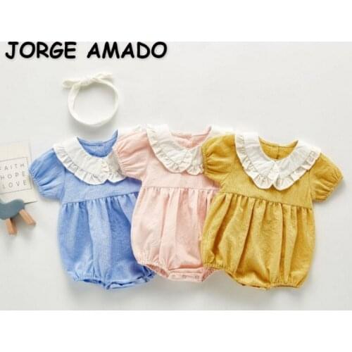 2021 New Summer Baby Girls Bodysuit Short Sleeves Peter Pan Collar Princess Jumpsuit with Headwear Kids Clothing 0-3 Years E222