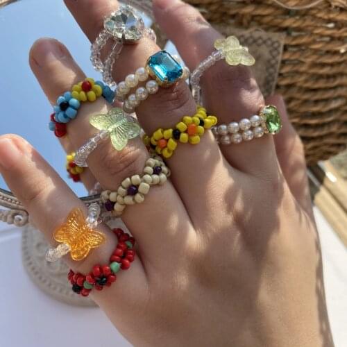 New cute Transparent Resin Acrylic handmade beaded Rhinestone Colourful Geometric Square Round Rings for Women Jewelry Party