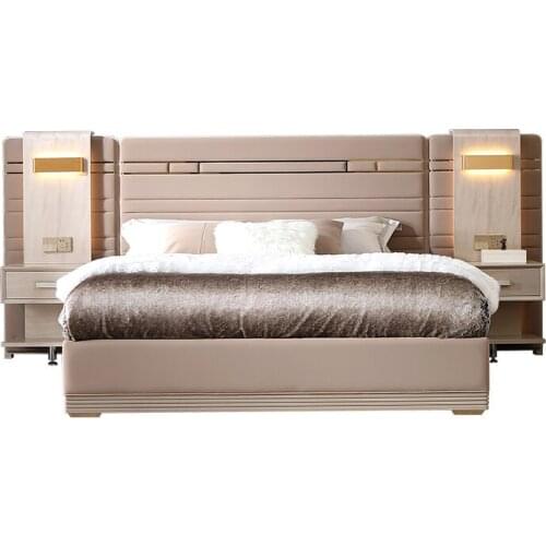 Postmodern light luxury solid wood double bed bedroom light luxury advanced intelligent bed screen multifunctional wedding bed