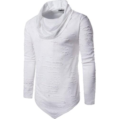 Casual men tshirt hole pullover turtleneck men tshirt streetwear long sleeve breathable t shirt men high quality white t shirt