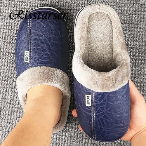 Plus size Blue Men Slippers Winter PU Leather Slippers Indoor Slipper Waterproof Home slippers with fur Adult Warm Slipper men