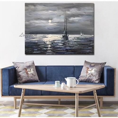 Modern Abstract 100% Handpainted Painting Of The Tranquil Sea At Night Landscape New Arrival Picture Wall Art Home Decor Unframe