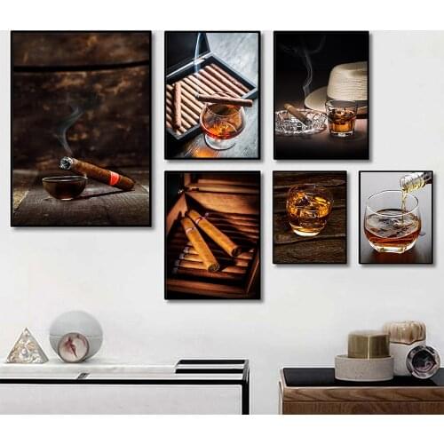Modern Cigar and Whiskey Red Wine Canvas Painting Nordic Posters and Prints Cuadros Wall Art Picture for Kitchen Home Decoration