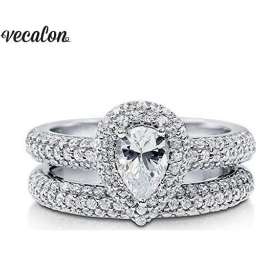 Vecalon Luxury Promise Wedding Bands Ring Set 925 Sterling Silver 5A Zircon Stone Engagement rings for women Finger Jewelry Gift