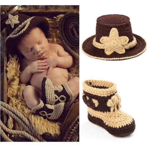 Crochet Baby Cowboy Hat and Boots Set in Brown Newborn Boy Photo Props Handmade Knitted Baby Hat and Booties H034