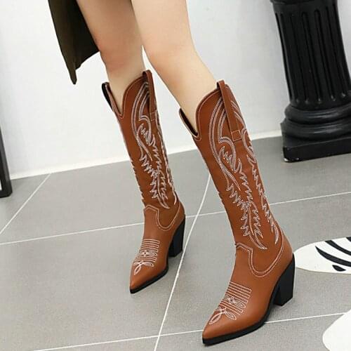 Hand-Embroidered Womens Knee High Boots Fashion Pointed Toe Thick Heel Rider Boots Ladies Slip On Autumn Winter Womens Shoes