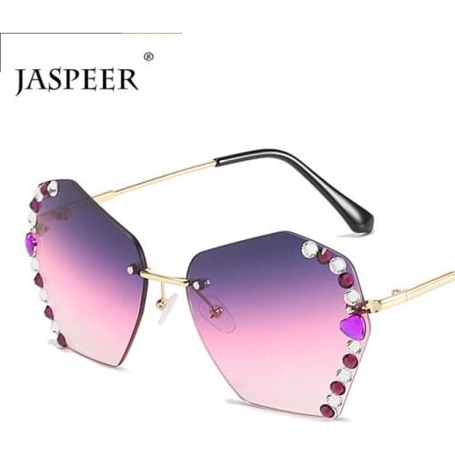 JASPEER Shiny Diamond Rimless Sunglasses Women Luxury Crystal Irregular Sun Glasses for Women Female Gradient Shades Eyewear