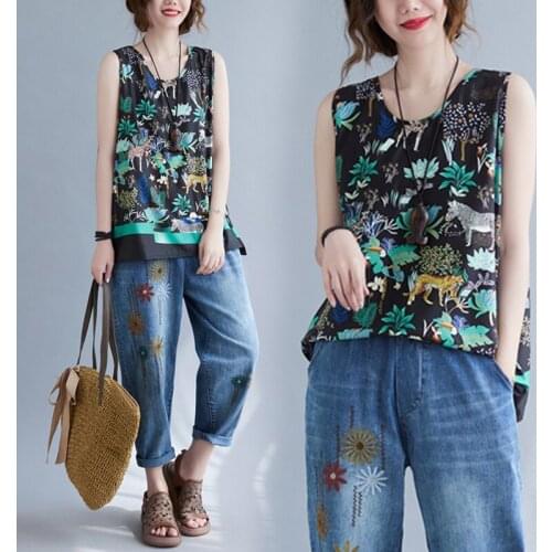 2021 flower printing casual vest chinese vintage clothes loose vests for women cotton and linen women chinese sleeveless vest