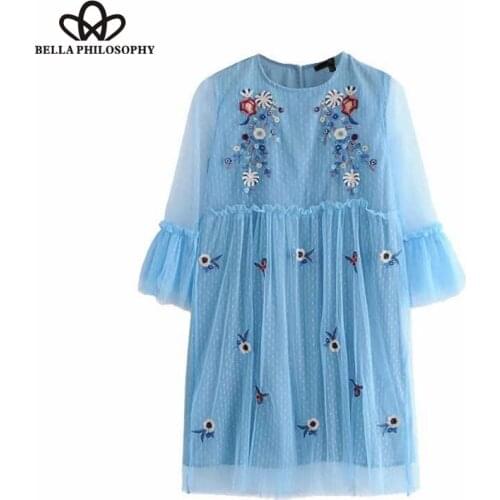 Bella Philosophy autumn sweet o neck flare sleeve floral embroidery mesh dress pleated vestidos ruffles streetwear mini dress