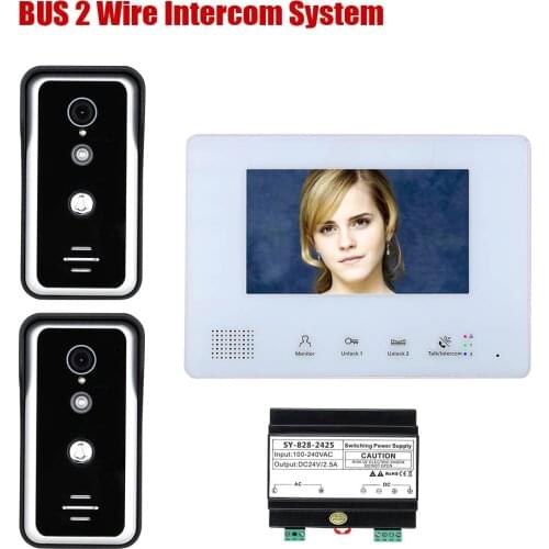 7 Inch BUS 2 Wire Video Intercom Systems Home 2-Doorbell IR Camera 1-Monitor Weatherproof For Villa Building Apartment