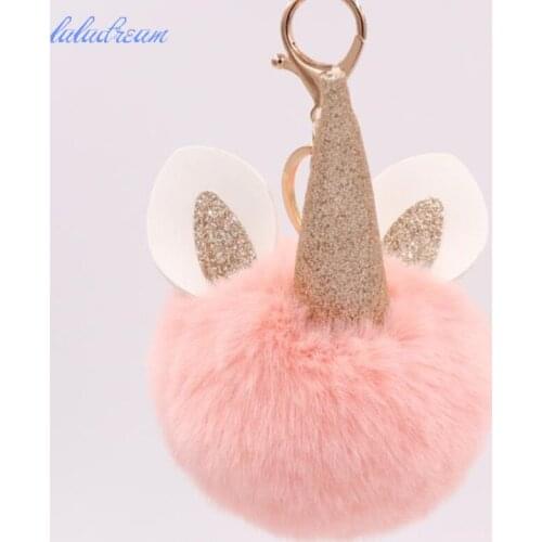 Cute Fluffy Unicorn Horn Key Chain Fashion Artificial Fox Fur plush Keychain Handbag Keyring