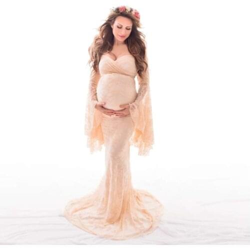 Sexy Lace Maternity Shoot Dress Flare Sleeve Fancy Pregnancy Dresses For Photography Long Pregnant Women Maxi Gown Photo Props