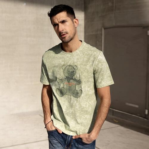 KUEGOU 100% Cotton Spring Cartoon Bear Embroidery Men‘s T-shirt Short Sleeve White Tshirt Summer Top&Tee Pink Plus Size 40031