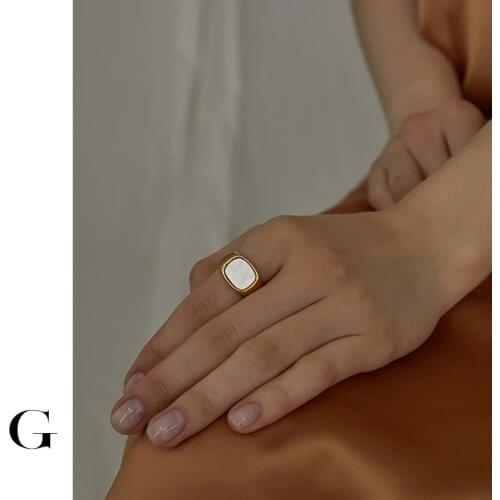 GHIDBK 2020 Fashion Stainless Steel Natural White Shell Square Rings for Women Minimalist Statement Street Style Ring Wholesale