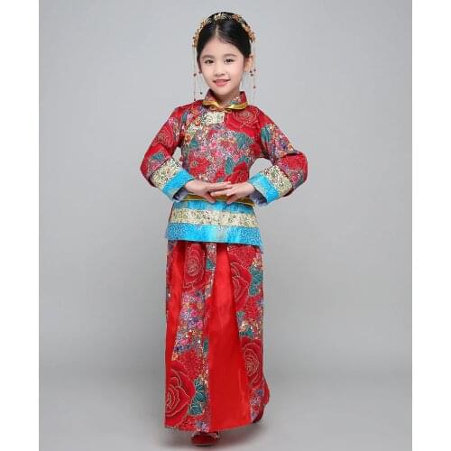 Chinese Folk Dance Costume Hanfu Suit Tang Dynasty National Fairy Dress Children Ancient Vintage Xiuhe Bride Wedding Dress